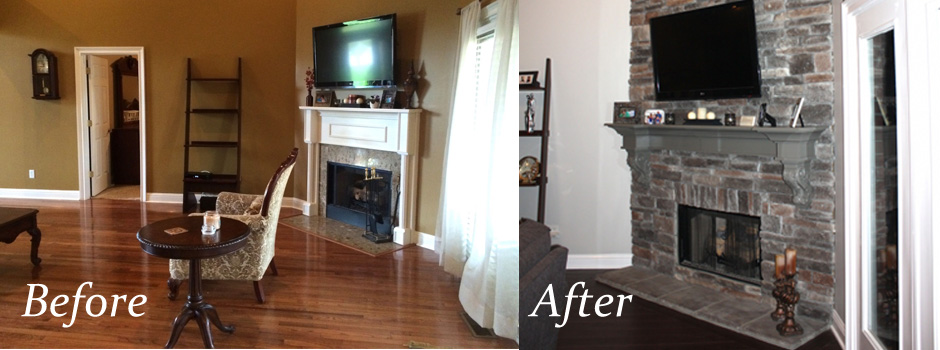 living room and fireplace before and after